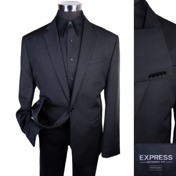 Express MODERN FIT Producer Sport Coat Blazer 2-Button Solid Black Wool Blnd 42R - Picture 1 of 13
